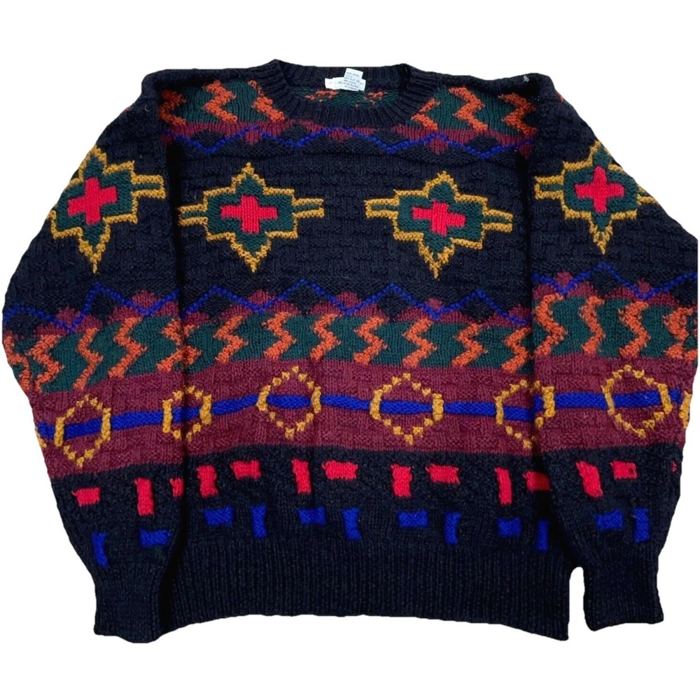 Vintage Grandpa Sweater Men Large Heavy Wool Knit Aztec Navajo 90s Chunky Bulky